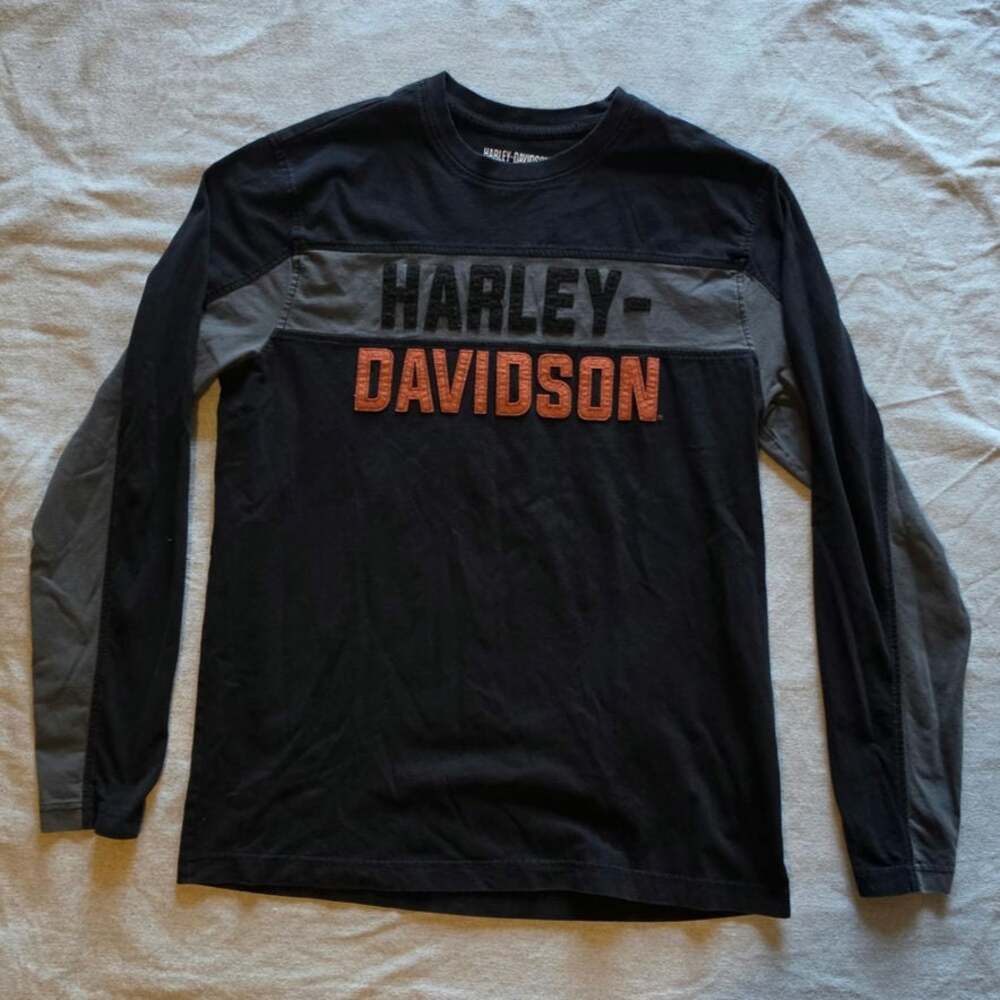 Harley Davidson Mens Large Colorblock Long Sleeve Shirt Black Grey Orange Logo